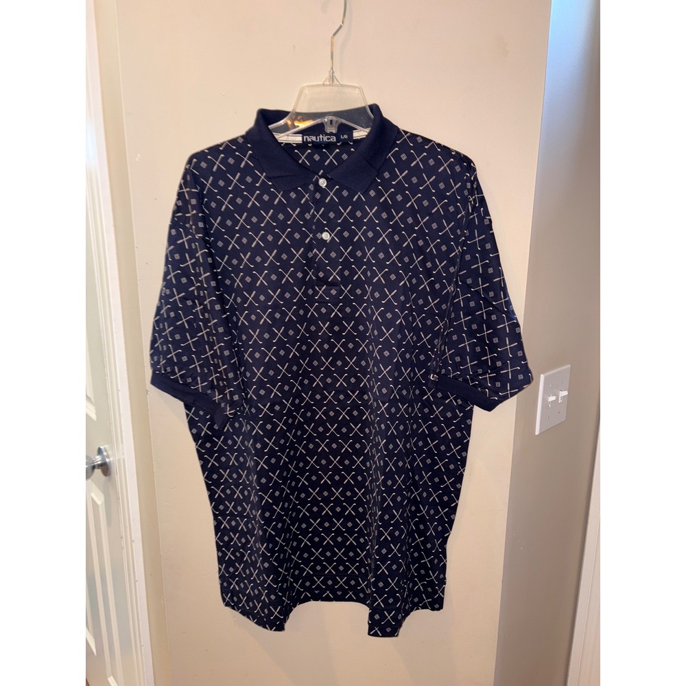 NWOT Nautica Mens Large Navy Blue Mercerized Cotton Golf Club Print Polo Shirt L